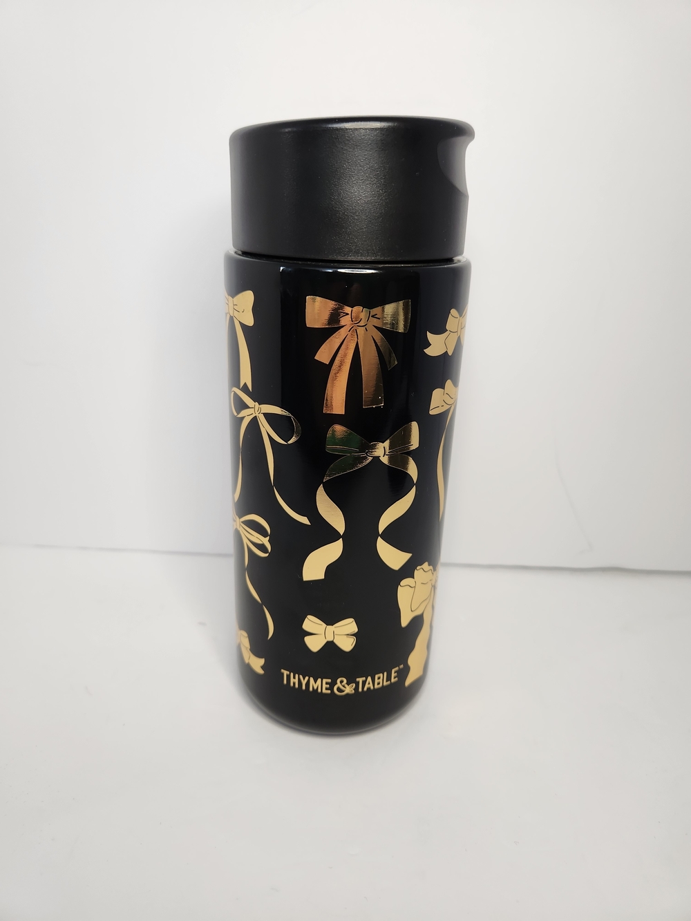 Thyme & Table Black And Gold Travel Tumbler Ribbons And Bows